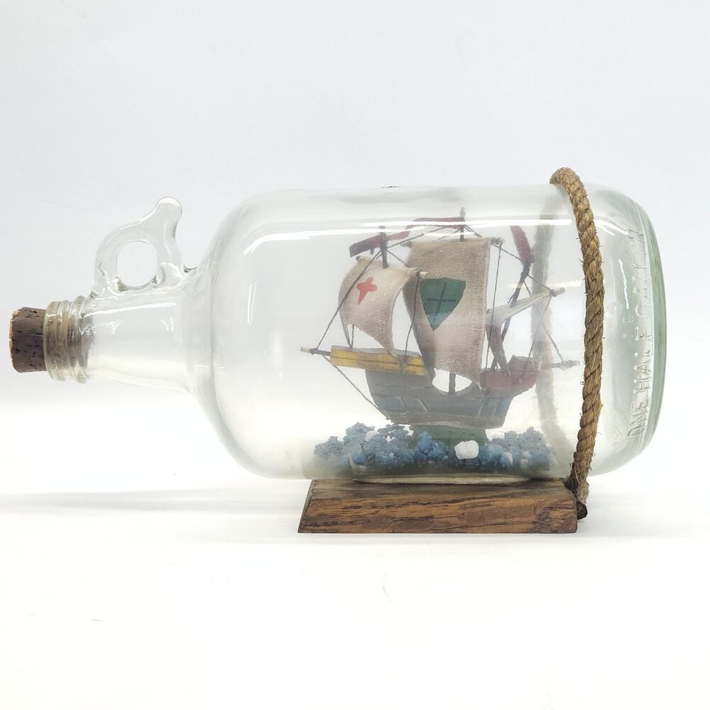 Vtg Ship in a Bottle Nautical Sail Model Miniature Art Nautical 10.5"W MCM‎